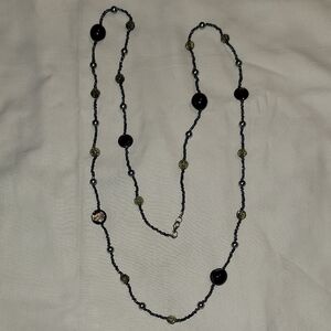 Delicate Black and Olive Bead Station Long Necklace - 20"